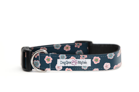 Dark Grey and Pink Small Flowers Dog Collar